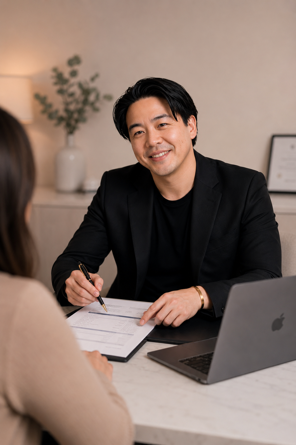 Jon Taw reviewing a loan estimate with a client across the desk