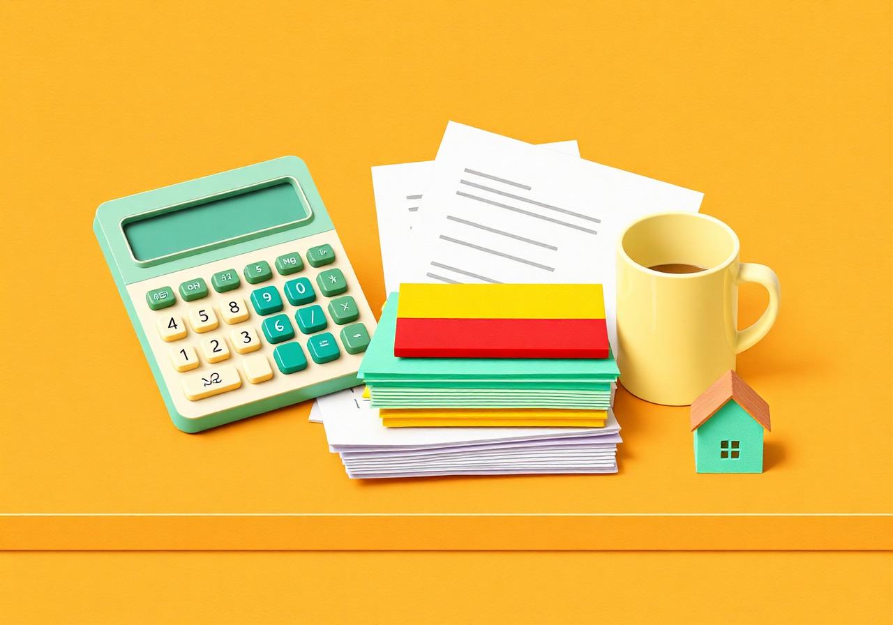 Calculator, notepad, and loan paperwork on a desk — structuring a mortgage file