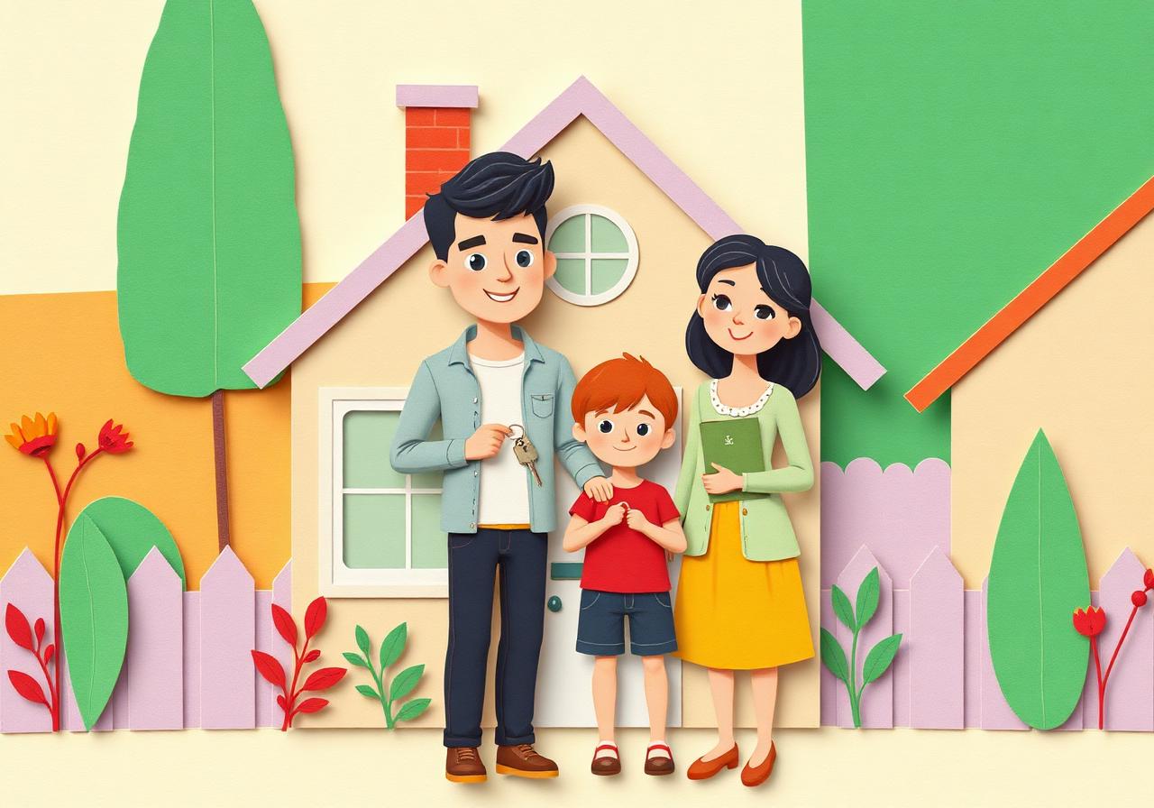 Family with keys in front of their first home