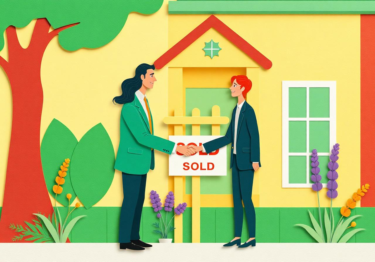 Illustrated mortgage broker and realtor shaking hands in front of a sold sign