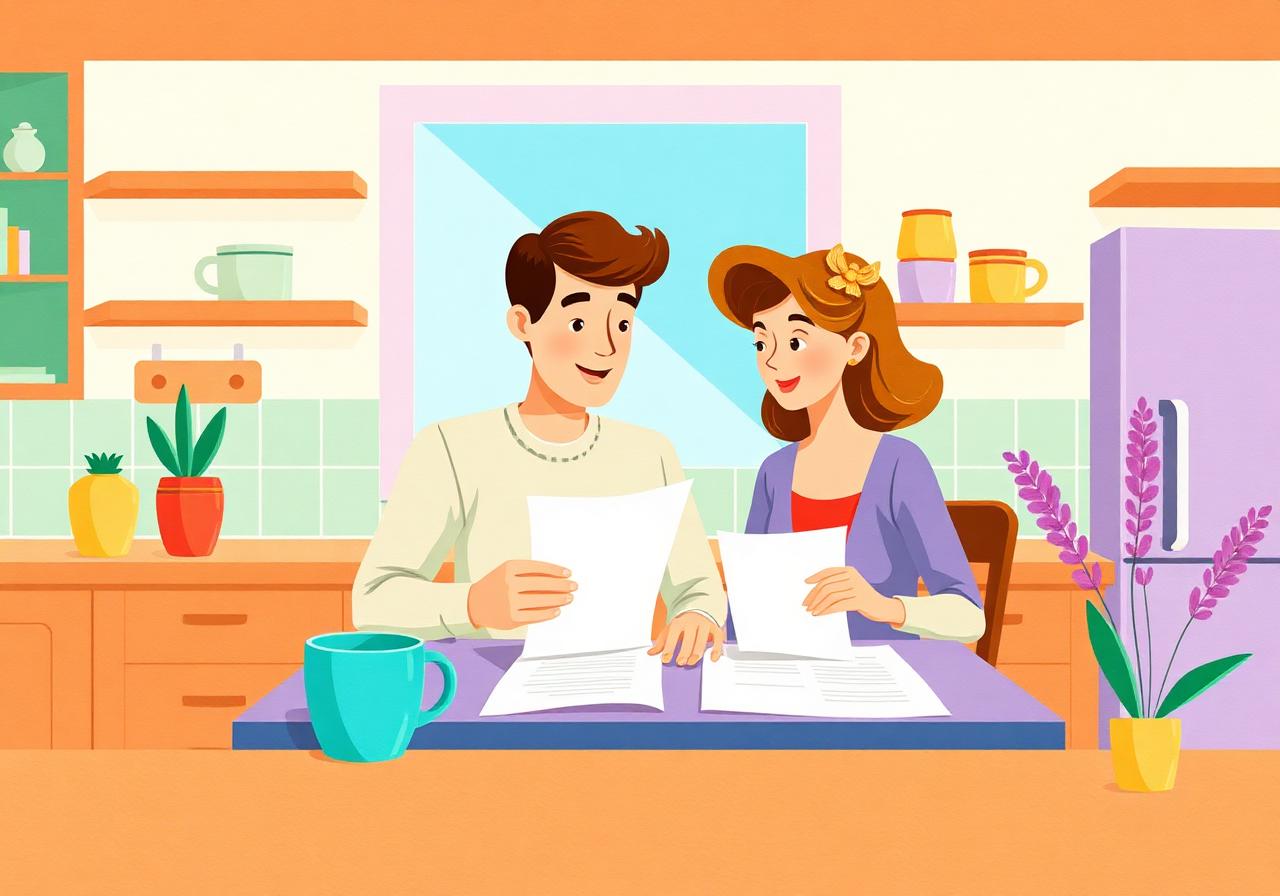 Illustrated couple reviewing refinance paperwork at their kitchen table