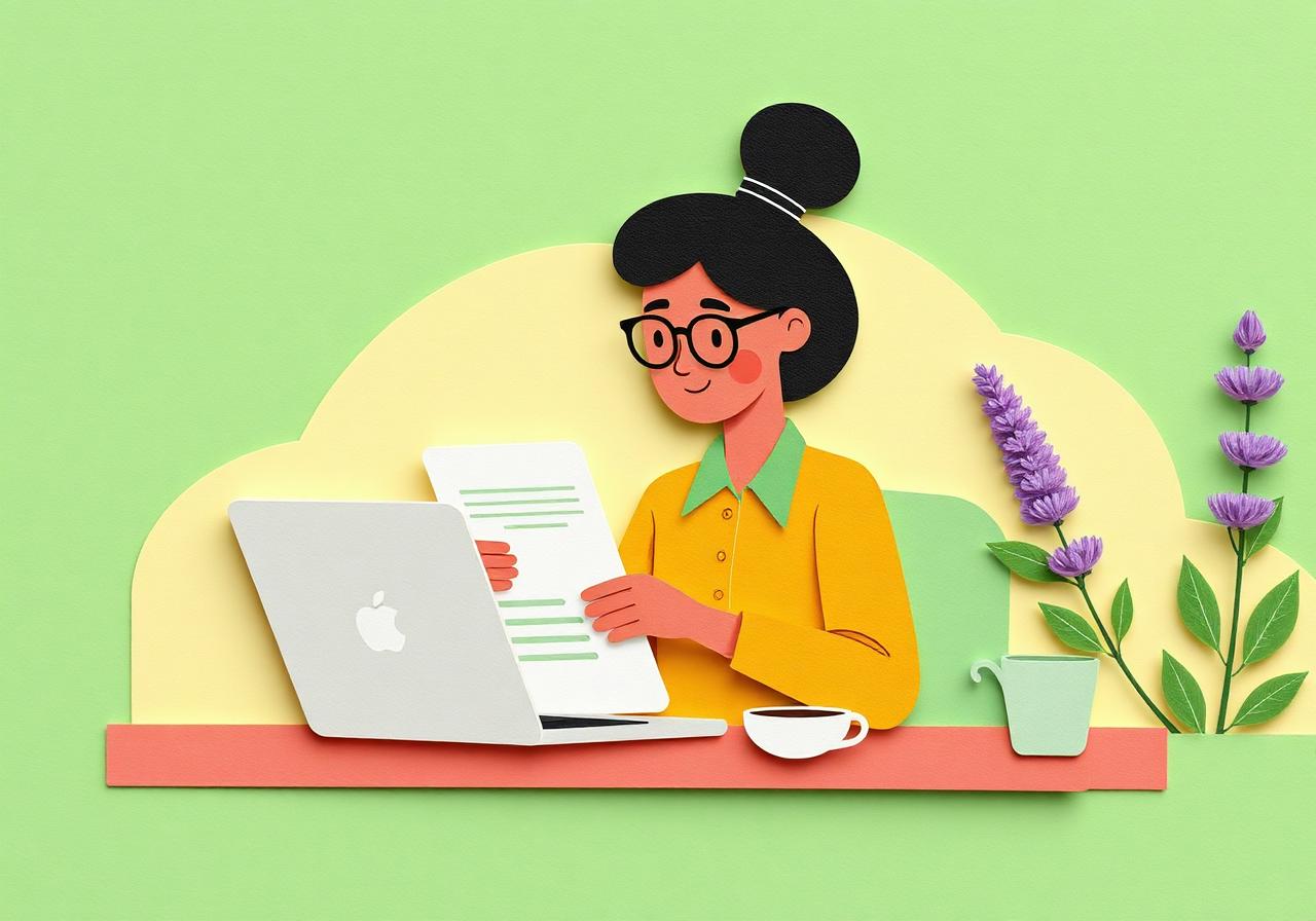 Illustrated self-employed business owner reviewing income at a laptop